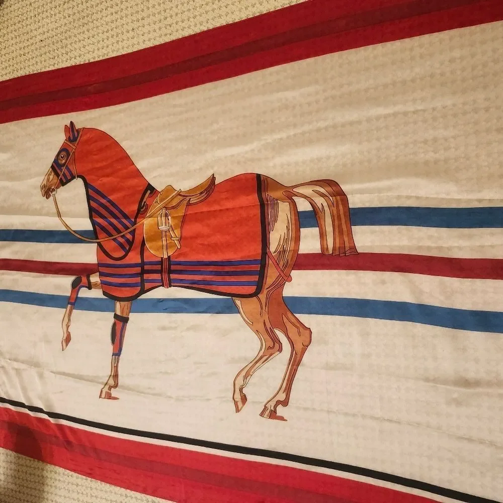 Oversized 100% Silk Equestrian Horse Print Scarf Bold Red Border Ret. 125€/$150